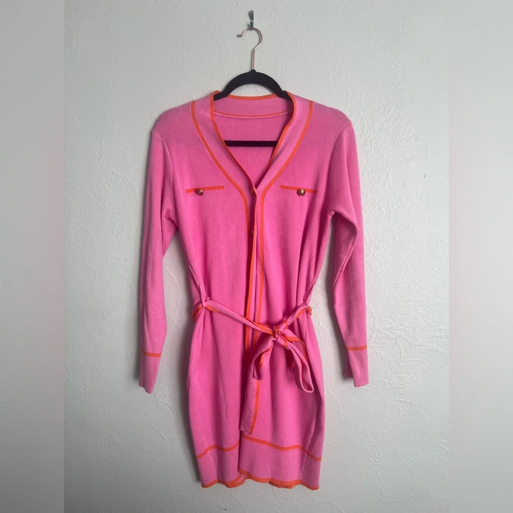 Pink Queen Women's Long Sleeve Button Down Sweater Dress with Belt Size Medium - Picture 3 of 11